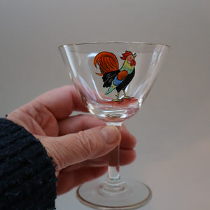 Vintage 1930s Glass Cockerel / Rooster SET OF FIVE Miniature Glasses. Rare Cock Fighting Images 