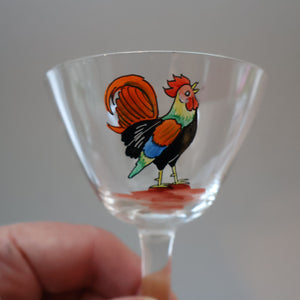 Vintage 1930s Glass Cockerel / Rooster SET OF FIVE Miniature Glasses. Rare Cock Fighting Images 