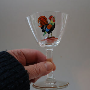 Vintage 1930s Glass Cockerel / Rooster SET OF FIVE Miniature Glasses. Rare Cock Fighting Images 