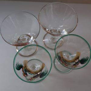 Vintage 1930s Glass Cockerel / Rooster SET OF FIVE Miniature Glasses. Rare Cock Fighting Images 