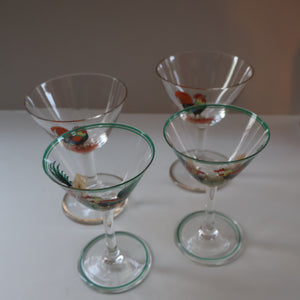 Vintage 1930s Glass Cockerel / Rooster SET OF FIVE Miniature Glasses. Rare Cock Fighting Images 