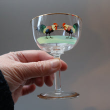 Load image into Gallery viewer, Vintage 1930s Glass Cockerel / Rooster SET OF FIVE Miniature Glasses. Rare Cock Fighting Images 
