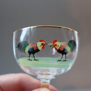 Vintage 1930s Glass Cockerel / Rooster SET OF FIVE Miniature Glasses. Rare Cock Fighting Images 