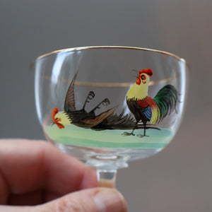 Vintage 1930s Glass Cockerel / Rooster SET OF FIVE Miniature Glasses. Rare Cock Fighting Images 