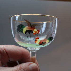 Vintage 1930s Glass Cockerel / Rooster SET OF FIVE Miniature Glasses. Rare Cock Fighting Images 