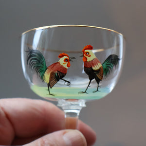 Vintage 1930s Glass Cockerel / Rooster SET OF FIVE Miniature Glasses. Rare Cock Fighting Images 