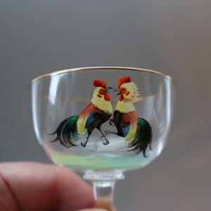 Vintage 1930s Glass Cockerel / Rooster SET OF FIVE Miniature Glasses. Rare Cock Fighting Images 