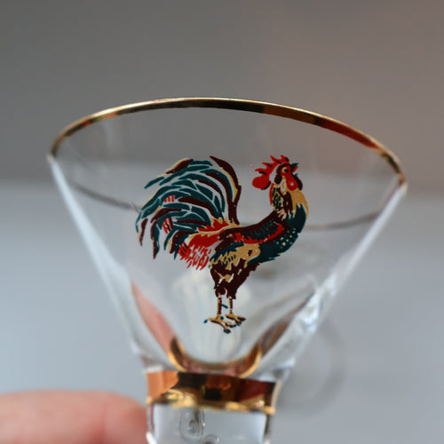 Vintage 1930s Glass Cockerel / Rooster Miniature Liqueur Glasses