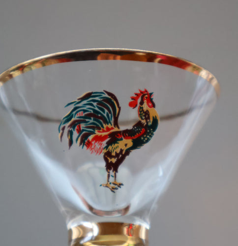 Vintage 1930s Glass Cockerel / Rooster Miniature Liqueur Glasses