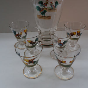 Vintage 1930s Glass Cockerel / Rooster Glass Decanter and 6 Matching Shot Glasses. Rare Cock Fighting Images