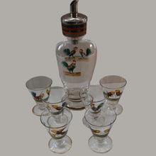 Load image into Gallery viewer, Vintage 1930s Glass Cockerel / Rooster Glass Decanter and 6 Matching Shot Glasses. Rare Cock Fighting Images
