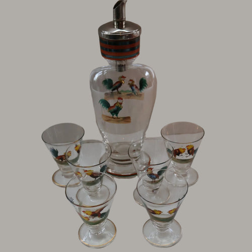 Vintage 1930s Glass Cockerel / Rooster Glass Decanter and 6 Matching Shot Glasses. Rare Cock Fighting Images