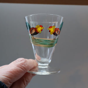 Vintage 1930s Glass Cockerel / Rooster Glass Decanter and 6 Matching Shot Glasses. Rare Cock Fighting Images