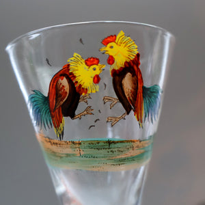 Vintage 1930s Glass Cockerel / Rooster Glass Decanter and 6 Matching Shot Glasses. Rare Cock Fighting Images