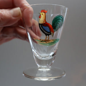 Vintage 1930s Glass Cockerel / Rooster Glass Decanter and 6 Matching Shot Glasses. Rare Cock Fighting Images