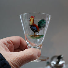 Load image into Gallery viewer, Vintage 1930s Glass Cockerel / Rooster Glass Decanter and 6 Matching Shot Glasses. Rare Cock Fighting Images
