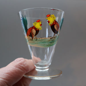 Vintage 1930s Glass Cockerel / Rooster Glass Decanter and 6 Matching Shot Glasses. Rare Cock Fighting Images