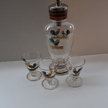 Load image into Gallery viewer, Vintage 1930s Glass Cockerel / Rooster Glass Decanter and 6 Matching Shot Glasses. Rare Cock Fighting Images
