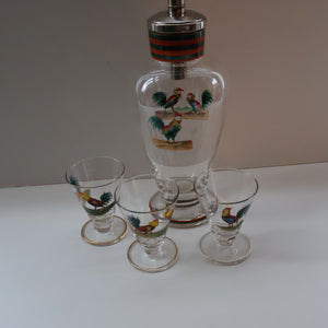 Vintage 1930s Glass Cockerel / Rooster Glass Decanter and 6 Matching Shot Glasses. Rare Cock Fighting Images