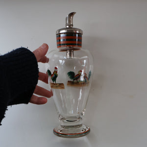 Vintage 1930s Glass Cockerel / Rooster Glass Decanter and 6 Matching Shot Glasses. Rare Cock Fighting Images