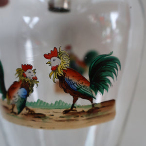 Vintage 1930s Glass Cockerel / Rooster Glass Decanter and 6 Matching Shot Glasses. Rare Cock Fighting Images