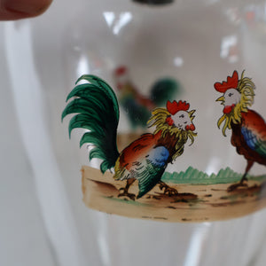 Vintage 1930s Glass Cockerel / Rooster Glass Decanter and 6 Matching Shot Glasses. Rare Cock Fighting Images