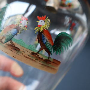 Vintage 1930s Glass Cockerel / Rooster Glass Decanter and 6 Matching Shot Glasses. Rare Cock Fighting Images