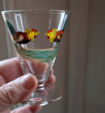 Load image into Gallery viewer, Vintage 1930s Glass Cockerel / Rooster Glass Decanter and 6 Matching Shot Glasses. Rare Cock Fighting Images
