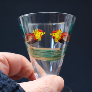 Vintage 1930s Glass Cockerel / Rooster Glass Decanter and 6 Matching Shot Glasses. Rare Cock Fighting Images