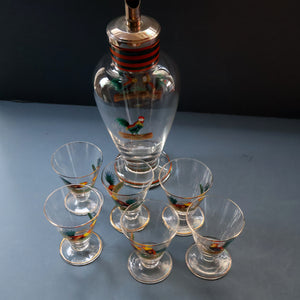 Vintage 1930s Glass Cockerel / Rooster Glass Decanter and 6 Matching Shot Glasses. Rare Cock Fighting Images