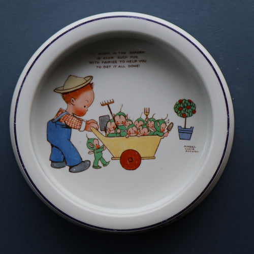 1930s SHELLEY POTTERY Mabel Lucie Attwell Heavy Baby Plate. Gardening Image with Boo Boos in Wheelbarrow