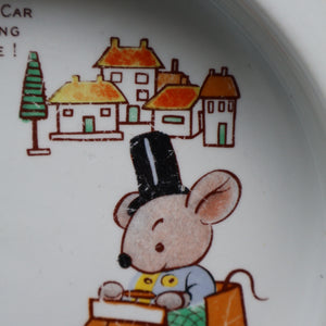 1930s SHELLEY POTTERY Mabel Lucie Attwell Heavy Baby Plate. Motoring Image with Mouse Driving a Car