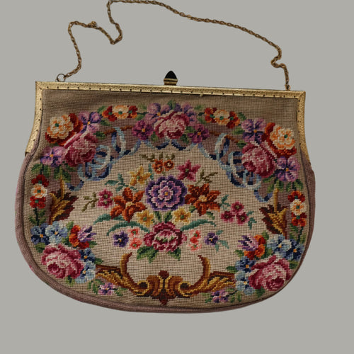 Vintage 1940s British PETIT POINT Beige Tapestry Handbag or Evening Bag with Pink Roses Design. Good Condition