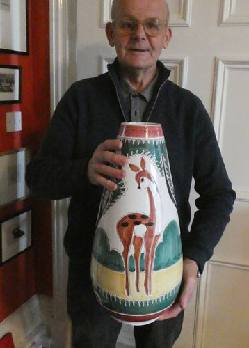 VERY LARGE Vintage 1950s / 60s NORWEGIAN Vase with Deer Decoration by Elle Pottery