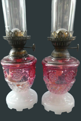 Pair of Miniature VICTORIAN Cranberry and Opaline White Milk Glass Miniature Oil or Kerosene Lamps