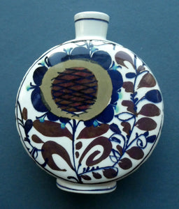 1960s ROYAL COPENHAGEN Aluminia Faience Moon Flask / Vase. Floral Design by Kari Christensen