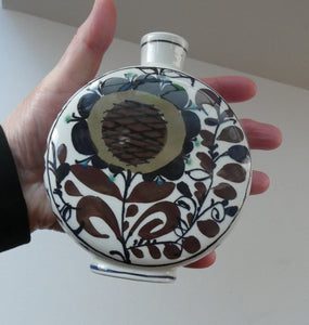 1960s ROYAL COPENHAGEN Aluminia Faience Moon Flask / Vase. Floral Design by Kari Christensen