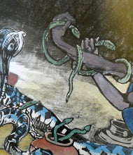 Load image into Gallery viewer, 1920s Colour Woodcut by Mabel Allington Royds (1874-1941) THE SNAKE CHARMER
