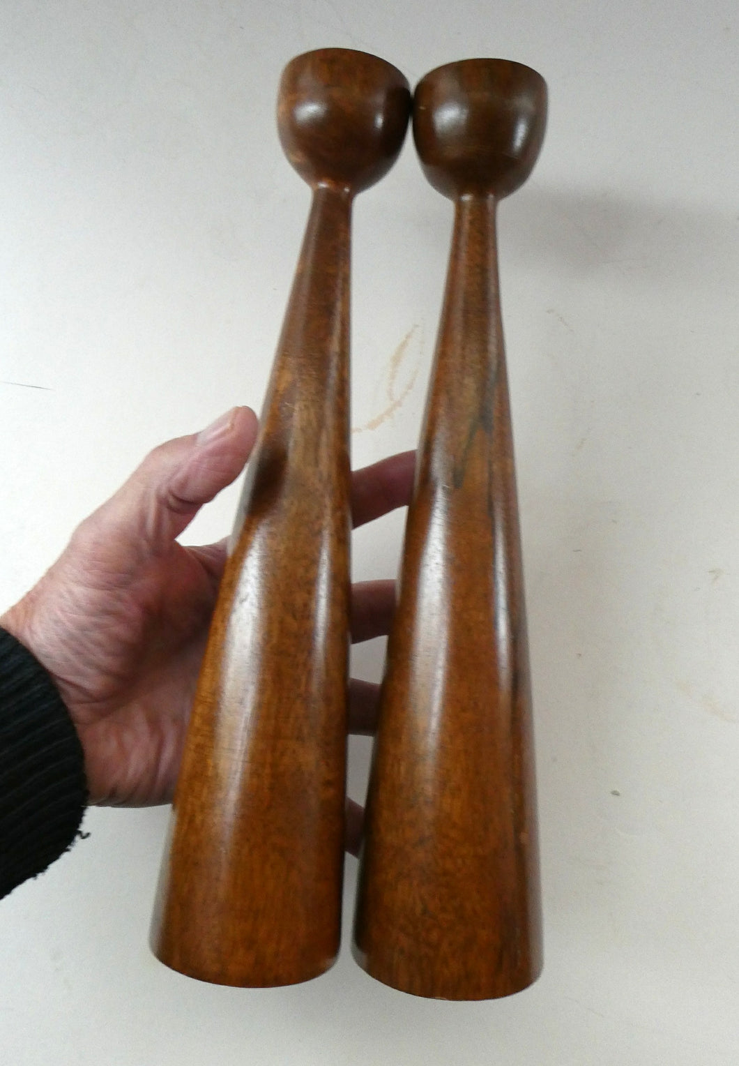 Tall Vintage Scandi-Style Teak Wooden Candlesticks with Metal Sconces