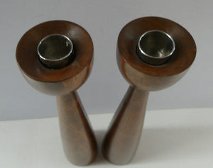 Tall Vintage Scandi-Style Teak Wooden Candlesticks with Metal Sconces