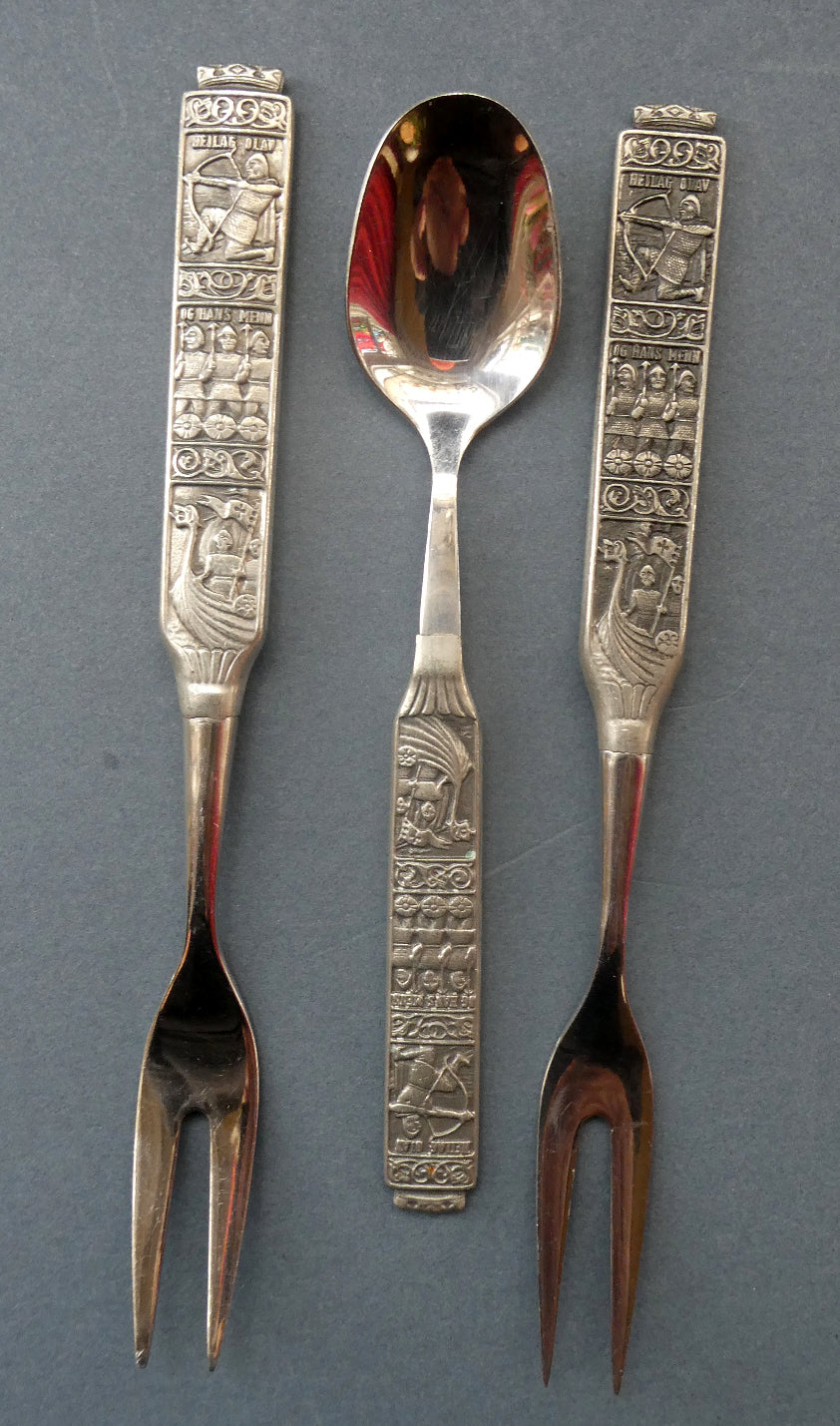 NORWEGIAN (Konge Tinn) Viking Pewter Heilag Olav Spoon and Two Pickle Forks