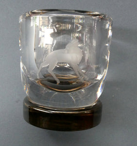 Art Deco 1930s Swedish Glass. Orrefors Squat Vase by Vicke Linstrand Decorated with Engraved Deer