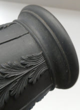 Load image into Gallery viewer, WEDGWOOD Edwardian Black Basalt Spill Vase with Ancanthus Scolls, Garlands, Ram&#39;s Head Mask. Height 8 1/2 inches
