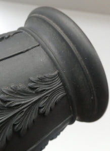 WEDGWOOD Edwardian Black Basalt Spill Vase with Ancanthus Scolls, Garlands, Ram's Head Mask. Height 8 1/2 inches