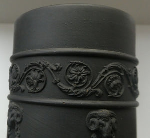 WEDGWOOD Edwardian Black Basalt Spill Vase with Ancanthus Scolls, Garlands, Ram's Head Mask. Height 8 1/2 inches