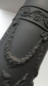 WEDGWOOD Edwardian Black Basalt Spill Vase with Ancanthus Scolls, Garlands, Ram's Head Mask. Height 8 1/2 inches