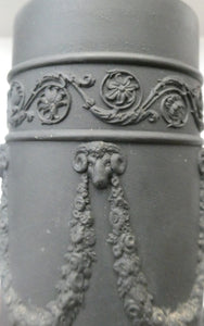 WEDGWOOD Edwardian Black Basalt Spill Vase with Ancanthus Scolls, Garlands, Ram's Head Mask. Height 8 1/2 inches