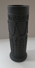 Load image into Gallery viewer, WEDGWOOD Edwardian Black Basalt Spill Vase with Ancanthus Scolls, Garlands, Ram&#39;s Head Mask. Height 8 1/2 inches
