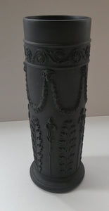 WEDGWOOD Edwardian Black Basalt Spill Vase with Ancanthus Scolls, Garlands, Ram's Head Mask. Height 8 1/2 inches