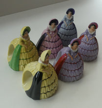 Load image into Gallery viewer, Group of SIX Carlton Ware Crinoline Lady Ceramic Napkin Rings, c 1935
